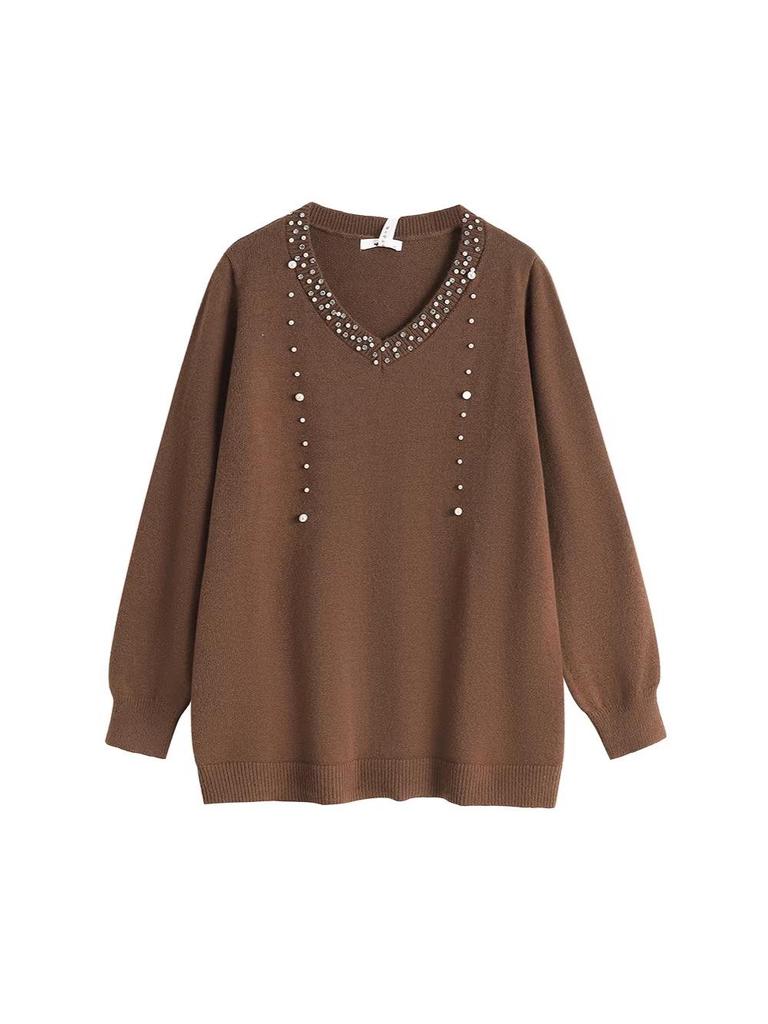 Elegant Plus Size Beaded Knit Sweater for Women - Winter Fashion for Curvy Figures
