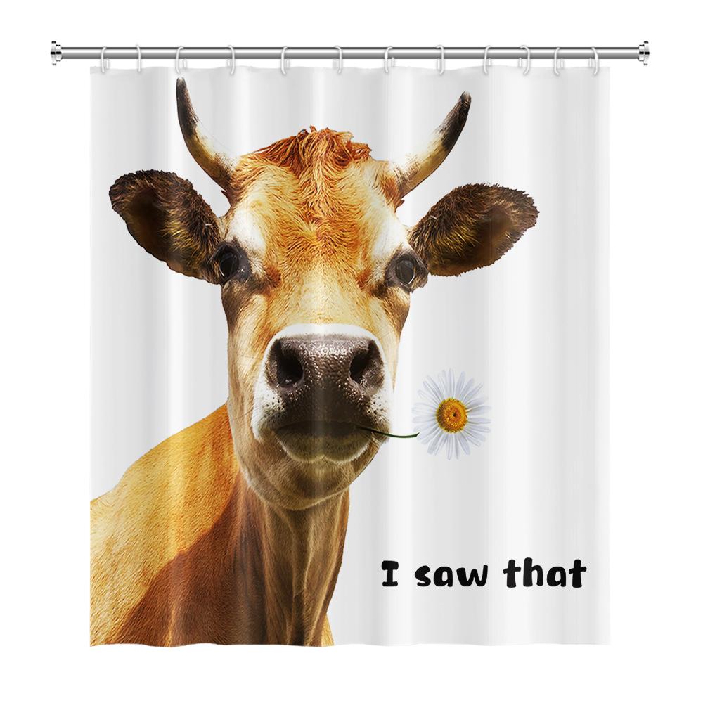 Farmhouse Highland Cow Shower Curtain With Hooks Funny Bull Cattle Bull Floral Decor Country Style Bothroom Curtain