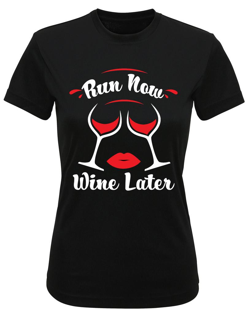 Womens Recycled Performance T-Shirt Mens Womens Tees Top RUN Now WINE Later Funny Running Jog TriDri