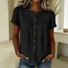 Womens Casual Button Front Short Sleeve Pleated Round Neck Loose Fit Blouse Top Lightweight Comfortable Fabric