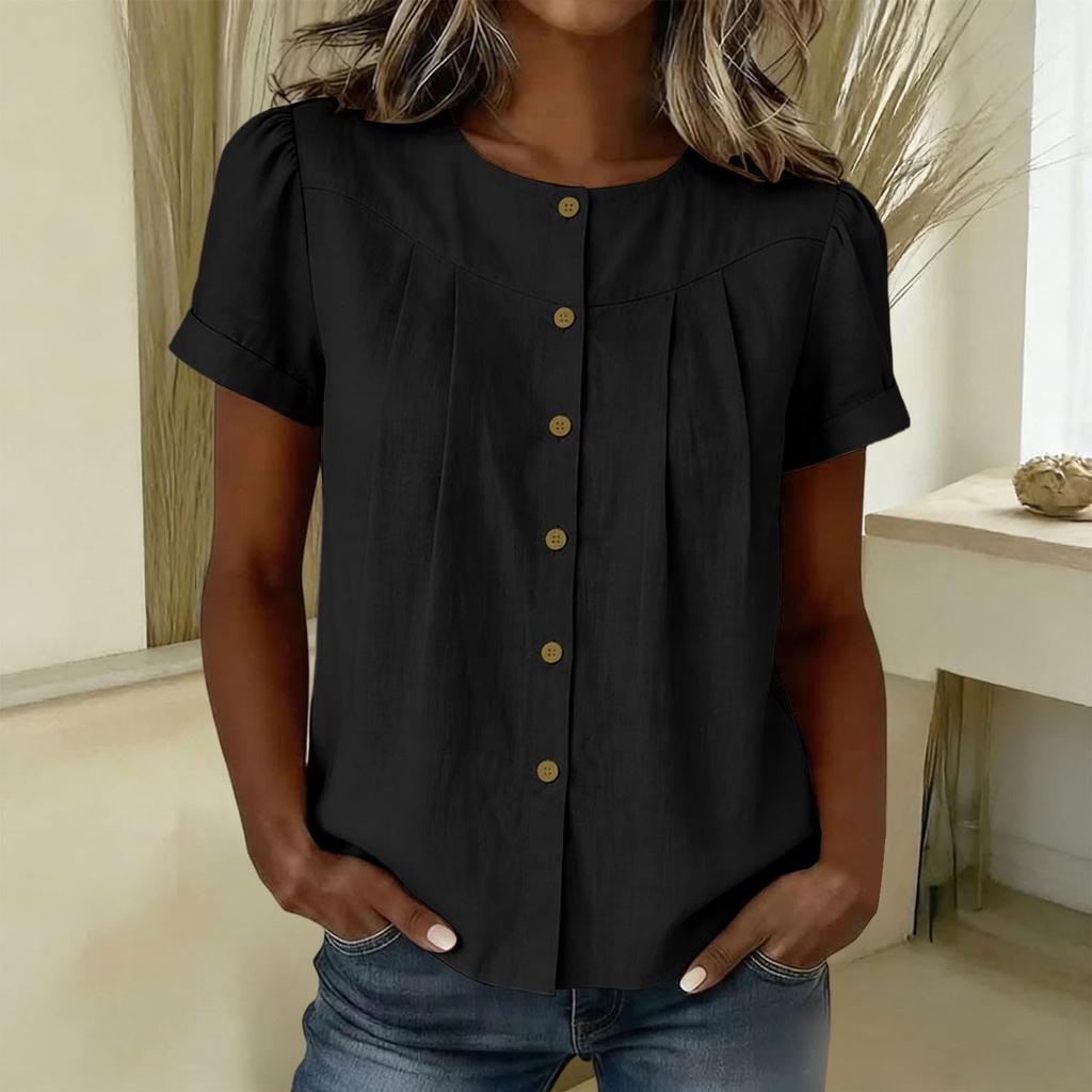 Womens Casual Button Front Short Sleeve Pleated Round Neck Loose Fit Blouse Top Lightweight Comfortable Fabric