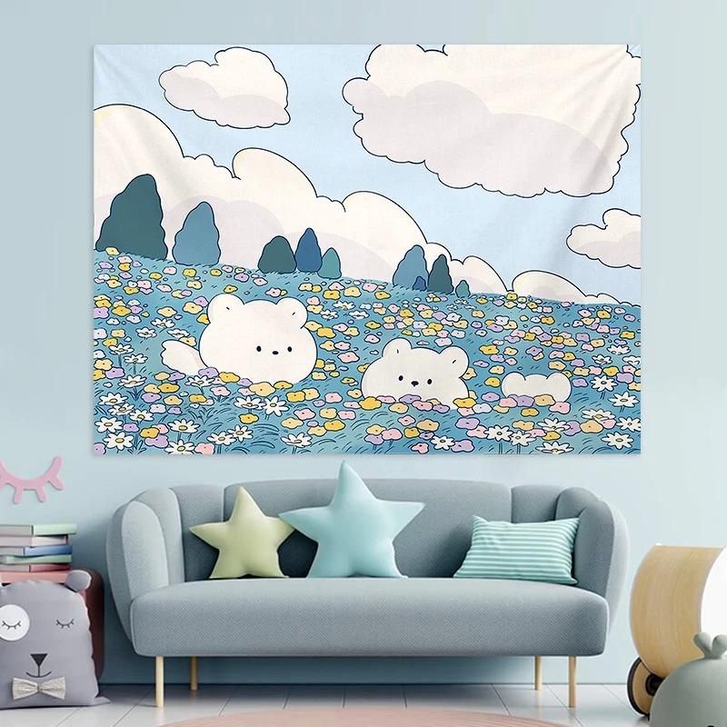 Cute Girly Heart Cartoon Bear Art Hanging Cloth Home Wall Decoration Tapestry Office Living Room Tapestry