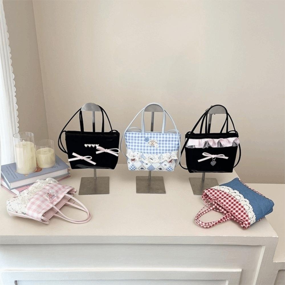 Rural Style Lace Lattice Handbag Square Plaid Bow Handbag Korean Style Denim Sweet Crossbody Bag Students
