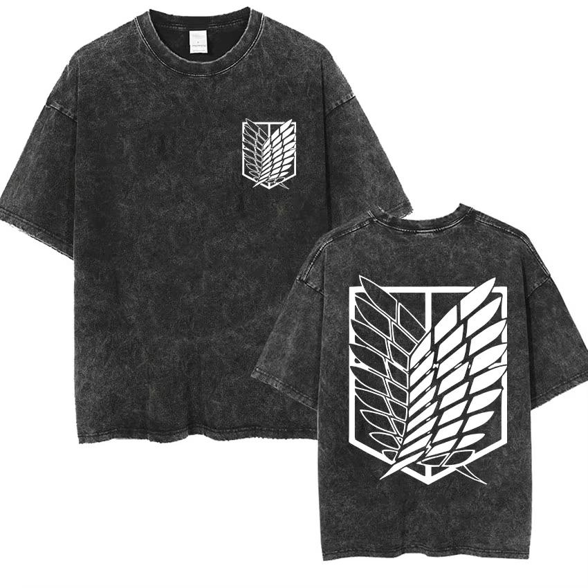 Anime Attack Titan Retro Wash Printed Women's T-shirt Mikasa Ackerman Eren Jaeger Free Wings Pattern Men's Summer T-shirt