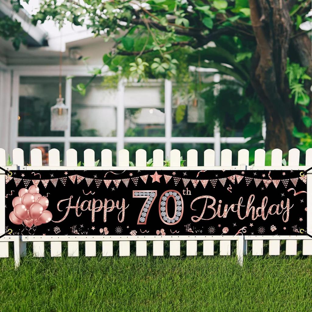 Happy 70th Birthday Banner Decorations for Women, Rose Gold 70 Birthday Sign Party Supplies, Funny 70 Year Old Theme Birthday Party Decor for Outdoor