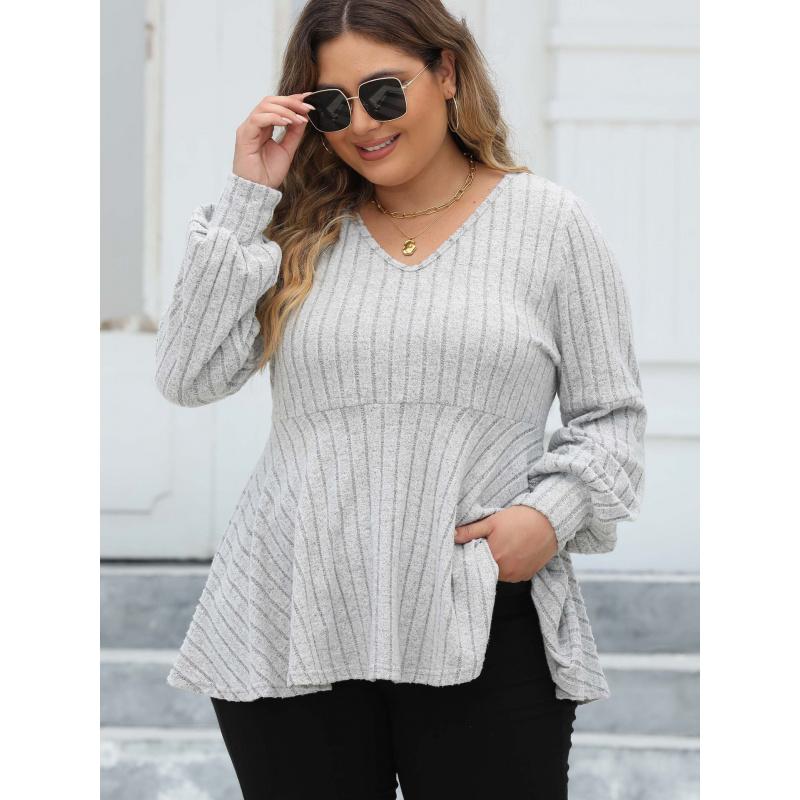 Women's Plus Size Tops Spring Autumn Doll Shirt V-Neck Ribbed Fleece Lantern Sleeve T-Shirt Base Shirt