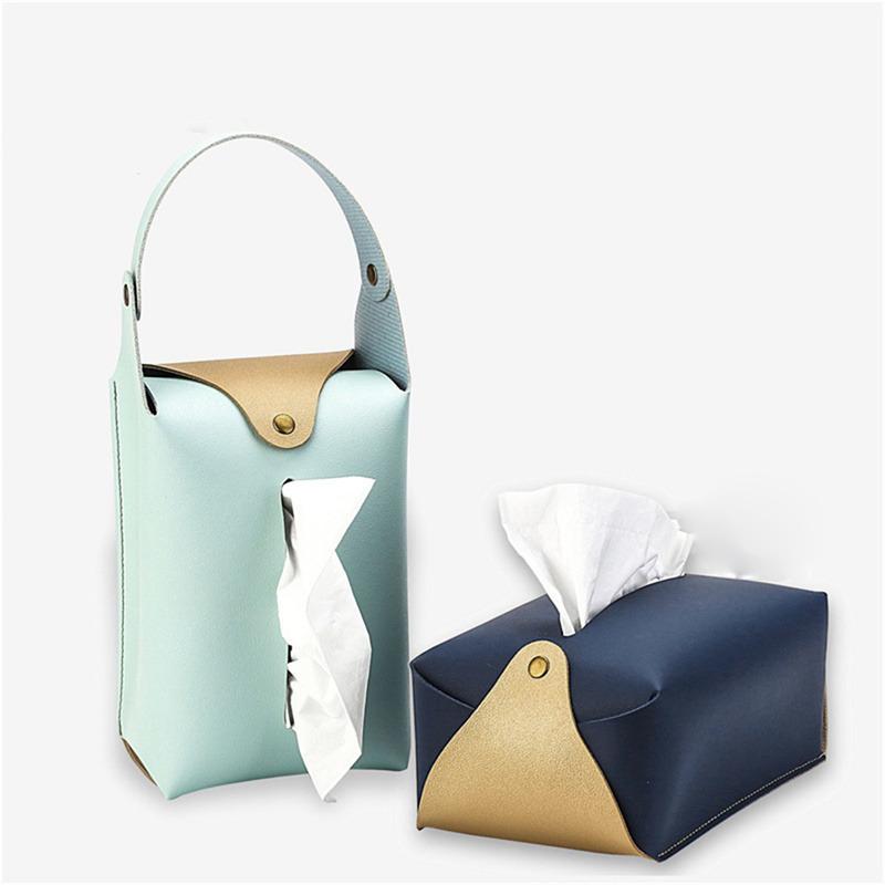 Car Tissue Box Holder Leather Car Console Armrest Napkin Box Visor Back Tissue Box with Retaining Strap