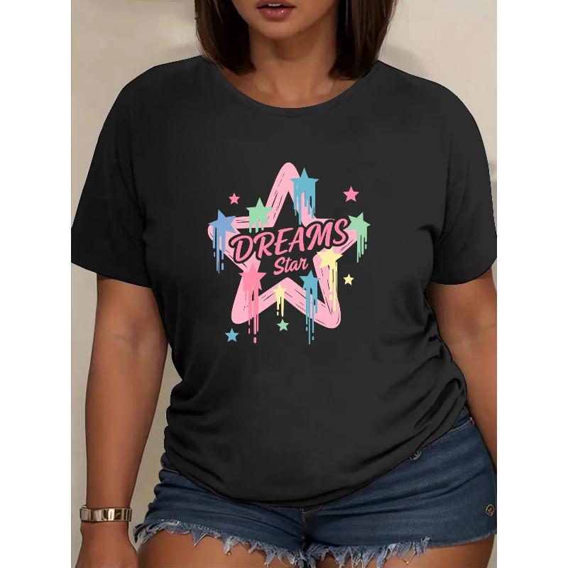 

Women s Dream Star Pink Printed Short-sleeved Shirt,Elasticity Perfectly Suitable for Summer Fashion, Women s Clothing Round-neck Shirts 4XL чорний