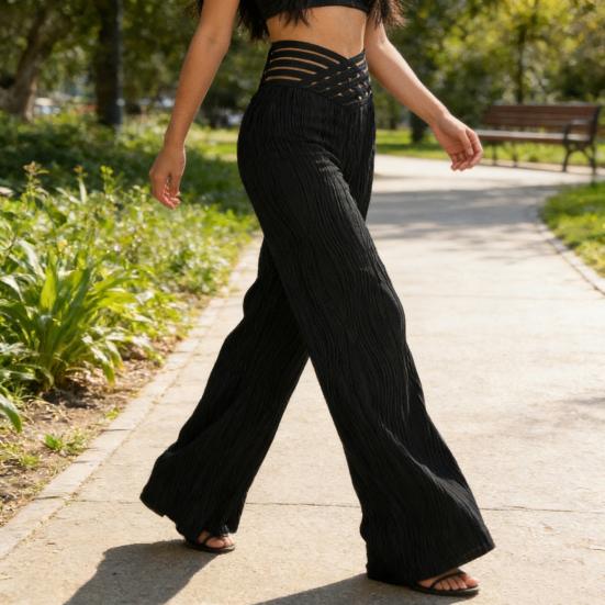 Calças Flare Plus Size para Mulheres V Crossover Cintura Alta Calças Boca de Sino Casuais Boho Jacquard