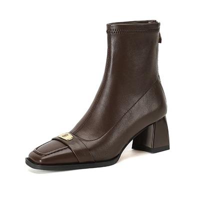 Microfiber Square Toe Winter Chunky Heels Modern Short Boots Women Metal Fastener Size 42 Elastic Ankle Boots