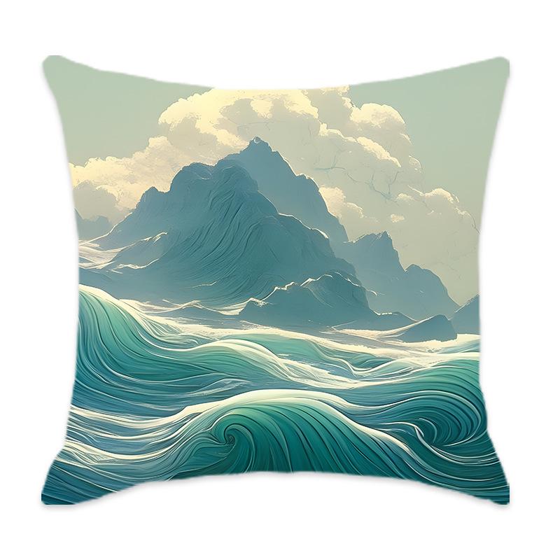 New Cyan Chinese Mountain Series Pillow, Comfortable and Soft Car Home Bedroom Bedside Pillow Cushion