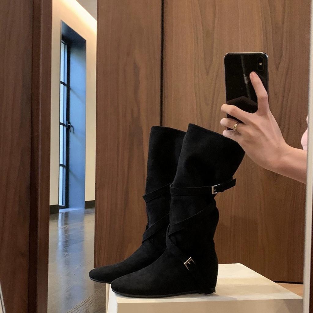 Norway pile boots~ 5cm inner height increase cross buckle medium height cowboy boots women's western boots retro knight boots