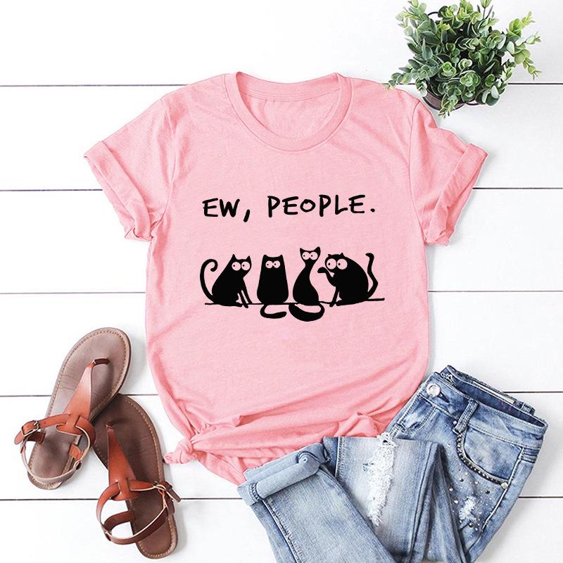 Mew People Cotton T-Shirt Short Sleeve Round Neck Women 2d Print Tops