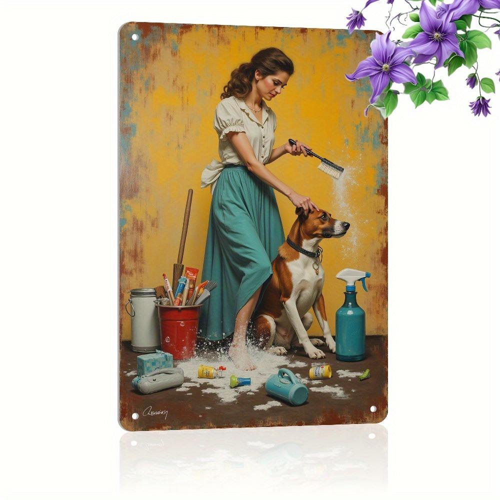 RetroBeautyDogMetalArt Retro Metal Wall Art 7.87x11.8" - "Beauty and Dog" Aluminum Panel, Woman Brushing Dog Decor for Home/Cafe