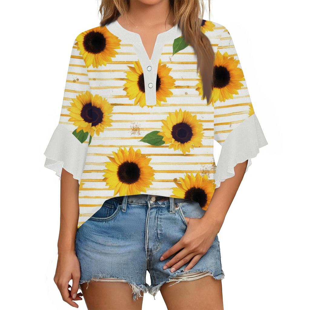 Summer Women's Tops V-Neck Seven Sleeve Shirt Spring Summer Floral Printed Tops Casual Shirt