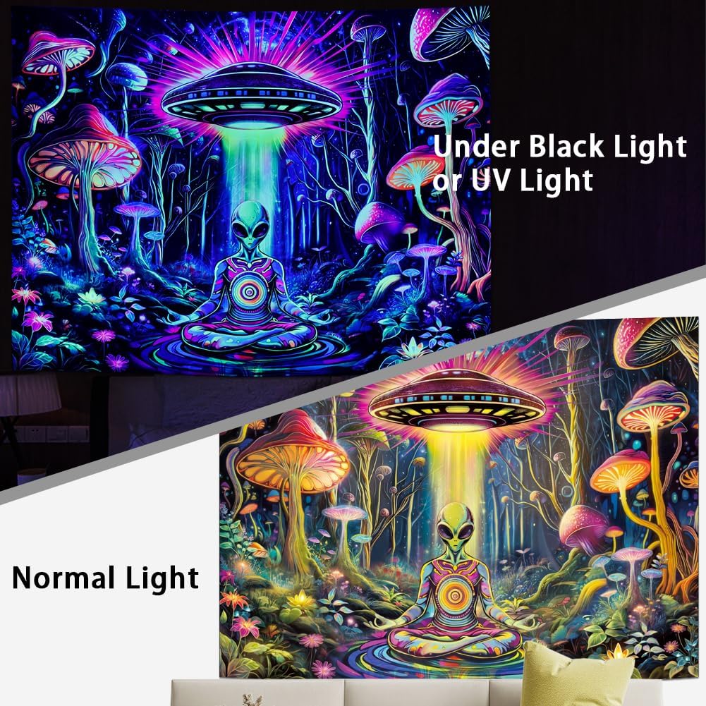 Amonercvita Blacklight Alien UFO Tapestry Neon Mushroom Floral Tapestries UV Reactive Yoga Meditation Tapestry Fantasy Forest Tapestries Wall Hanging