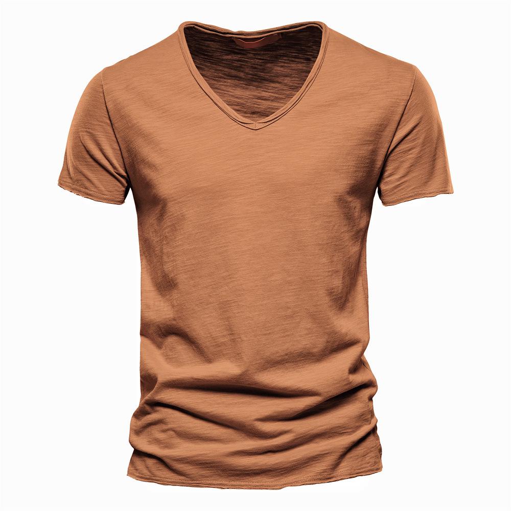 Herren Sommer V-Ausschnitt T-Shirt - Reine Baumwolle Slub, Unifarbe, Kurzarm