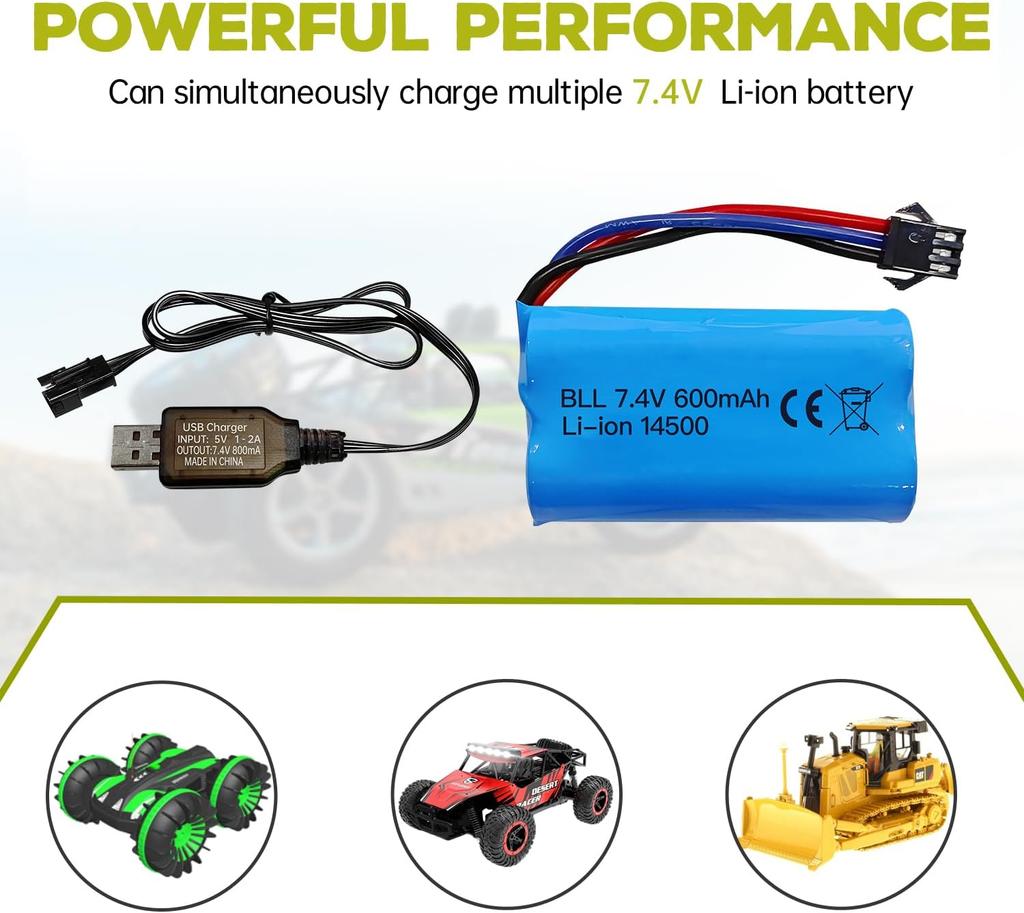 1x Li-ion Battery 7.4V 600mAh 2S with SM-3P Connector + USB Cable – Compatible with RC Car DE82, TK3086B, TK-3082B, G20601, Stunt Flip Car