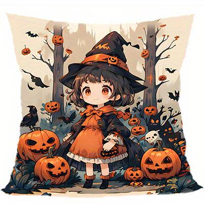 Home Decor Cute Witch And Pumpkins Halloween Pillow Cover Pattern Cushion Cover Suitable For Sofa Bedroom Car Pillow Cover