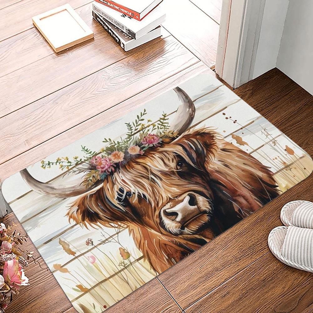 Floral Highland Cow Doormat Anti-slip Carpet for Kitchen Living Room Machine Floor Mat Washable Rug