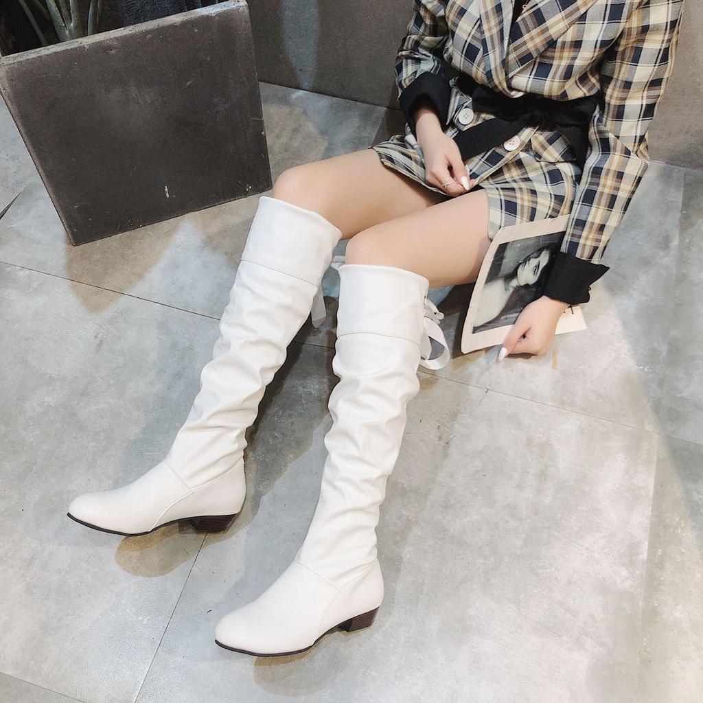 Chaussures pour Femmes 2026 Printemps Bottes Hautes jusqu'au Genou Rouge Noir Blanc Bottes Hautes Femme Plissées Petit Talon Décontracté Cuir Femmes Chaussures Longues