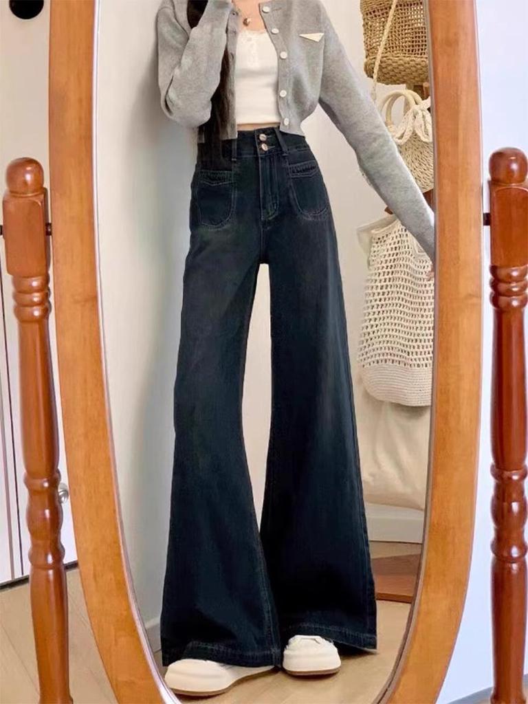 Plus Size Retro High-Waist Wide-Leg Jeans for Women - Slimming, Loose Fit, Floor-Length for Pear-Shaped Body, Spring/Autumn.