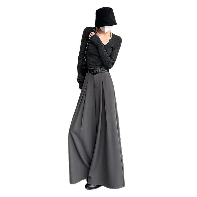 Women's Gray High-Waisted Wide-Leg Pants - Slimming, Loose, Floor-Length Style for Spring 2026