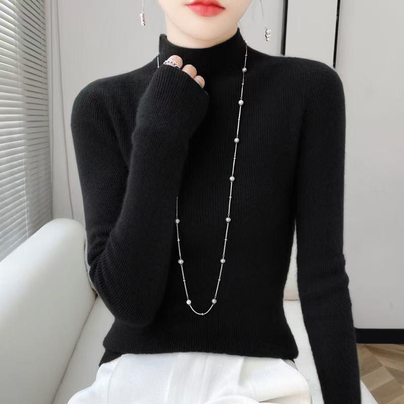 Women’s 2025 Autumn/Winter Pure Wool Sweater, Half-High Neck, Ribbed, Slim-Fit, Figure-Flattering with Cashmere Inner Layer
