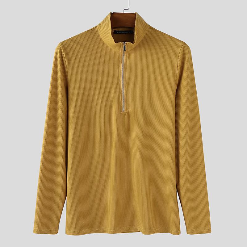 

INCERUN Autumn Men Stand Collar Long Sleeve Zip-up Rib Knitted Pullovers Tops 3XL жёлтый
