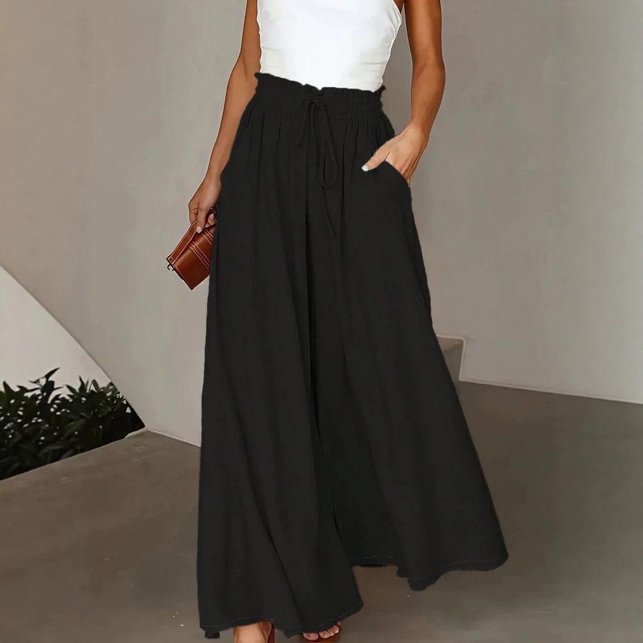 New European American Style Women's Summer Casual High Waist Wide Leg Long Culottes Trousers With Elastic Waistband
