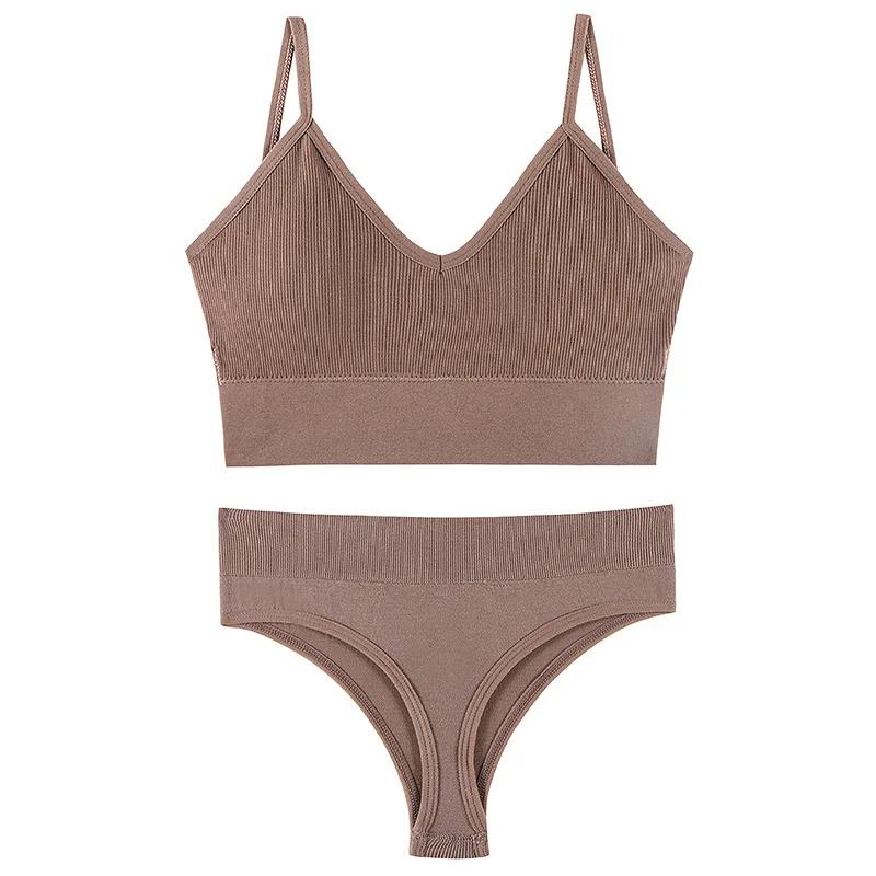 2Pcs Underwear Set Bra Set Women Panties Sexy G-String Seamless Bralette Female Wire Free Bra Sexy Panty Set Lingerie Soft Tank Crop Top Sleeping Bra