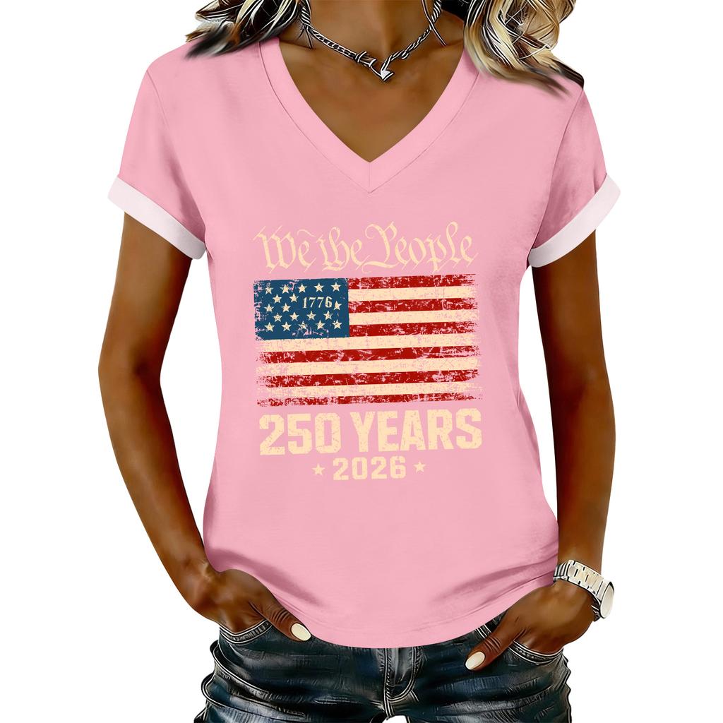 Women's Casual Printed T-Shirt V Neck Pullover Short Sleeve Top
