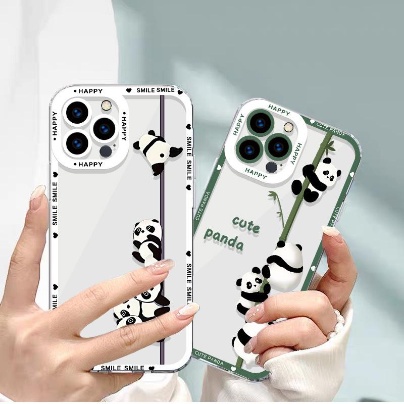 Cute Panda Bamboo Mobile Phone Case Apple 14/13 Pro Transparent Anti-drop Case iPhone17 Ultra-thin Summer New