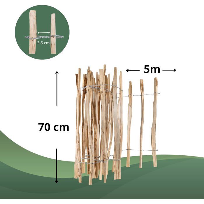 Clôture De Jardin - CREATIVE HOME - Bois De Noisetier - Hauteur 70 Cm - Longueur 5 M - Espacement 3-5 Cm