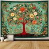 A Vibrant Tapestry Wall Hanging Featuring a Tree of Blooming Flowers with Red Roots, Perfect for Horizontal Holiday Decorations in a College Dorm. It'
