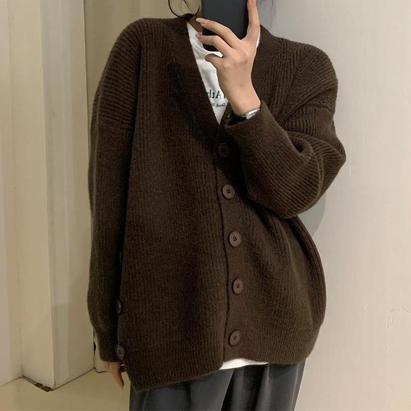 

Свободный вязаный кардиган женский осенний ретро ленивый ветер нерегулярный однотонный свитер куртка прилив удобный универсальный и модный One Size темно-коричневого