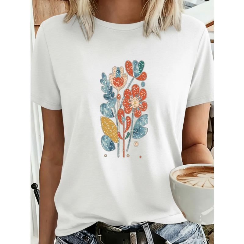 Women's Short Sleeve T-Shirts - Blouse-Compatible Suitable for Brands & Print Round Neck Casual -Line Fit