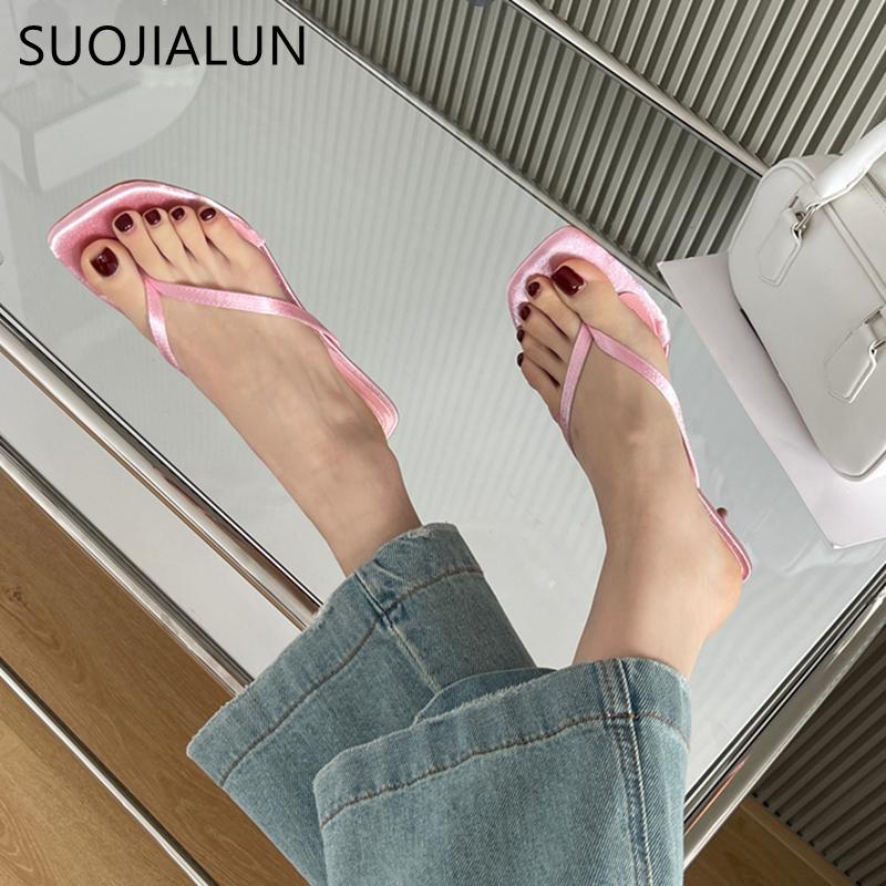 Fashion SUOJIALUN 2025 Summer New Women Slipper Fashion Narrow Band Women Slides Thin High Heel Outdoor Dress Gladiator Sandal Pumps Sho