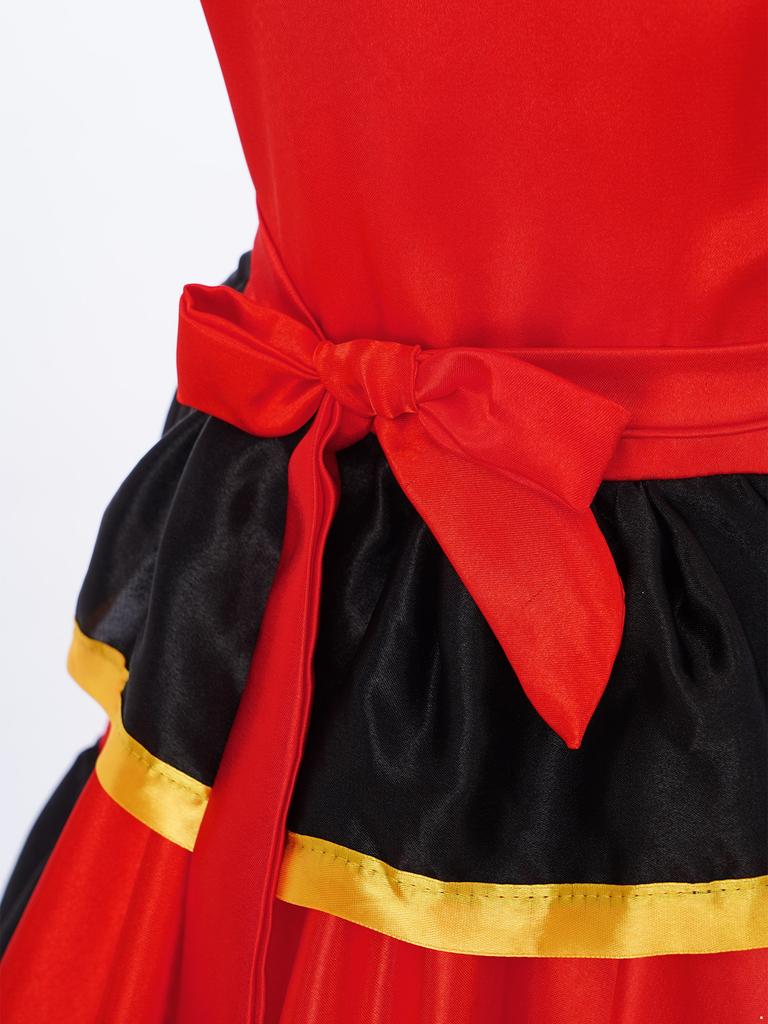 Mädchen Farbblock Tanzkleid Asymmetrische Schulter Stufenrüschen Weiter Saum Flamenco Kostüm Kopfbedeckung