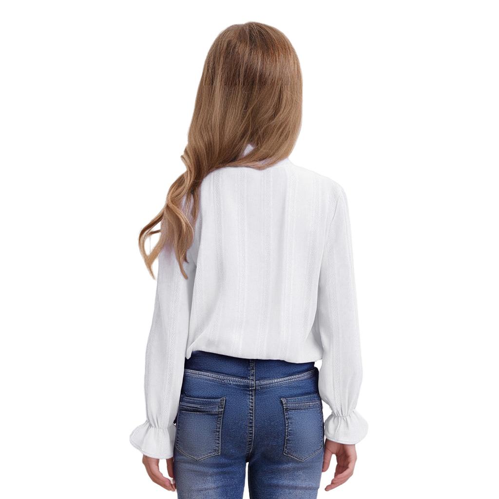 Mädchen Elegante Knopfbluse Schnürkragen Künstliche Perlen Tüllrüschen Langarmhemd