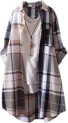 J.STORE Women's Long-Sleeved Check Shirt, Casual, Lightweight, Perfect for Spring and Summer, Beige, Size 5S-J02-BEL
