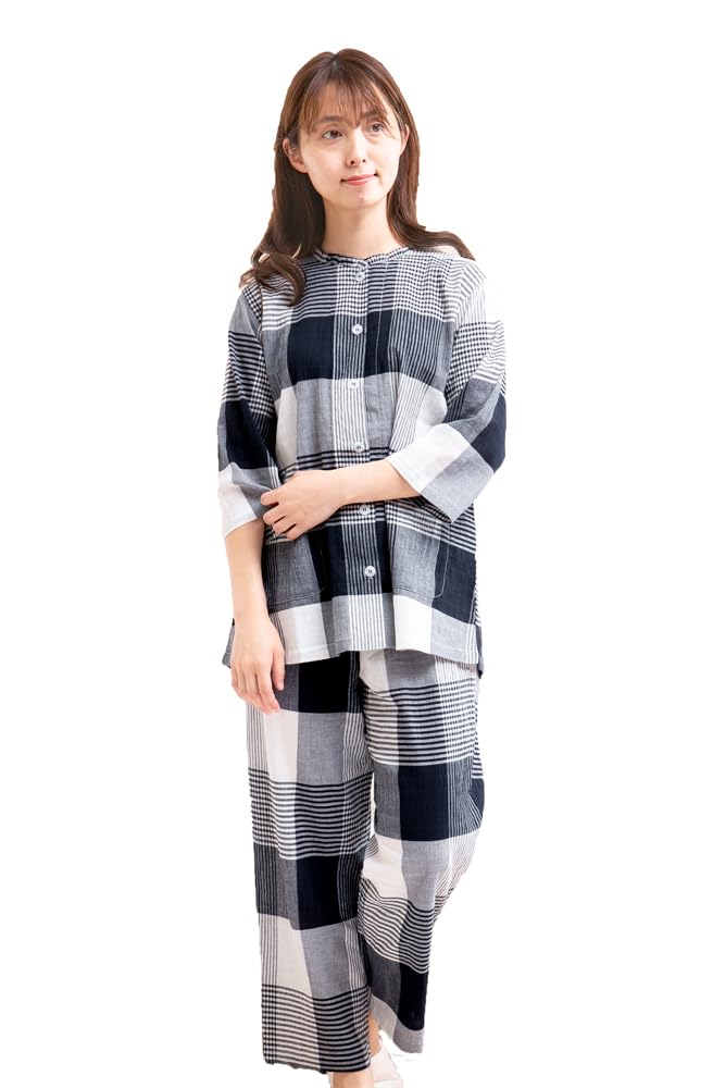 Eye Pant Open Smooth and Cool Willow Room Sizes K's Women's 3/4 Sleeve, 9/10 Pants, Front, Summer, Skin-Friendly 100% Cotton, Check, Nightwear,