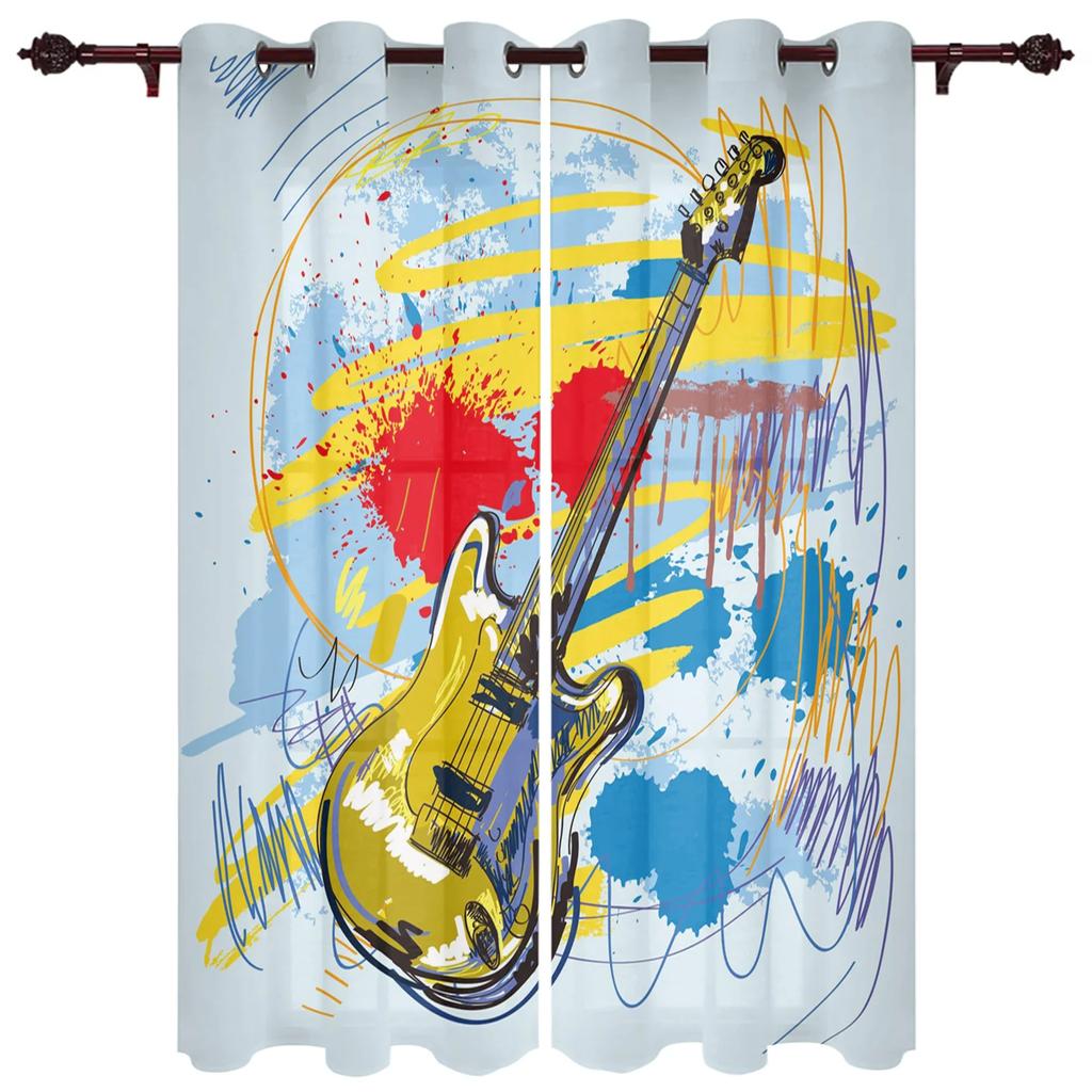 Tende Splash Art Colorate con Chitarra e Musica Rock per Camera da Letto, Soggiorno, Tende per Cucina, Stanza dei Bambini, Tenda per Finestra, Decorazione per la Casa