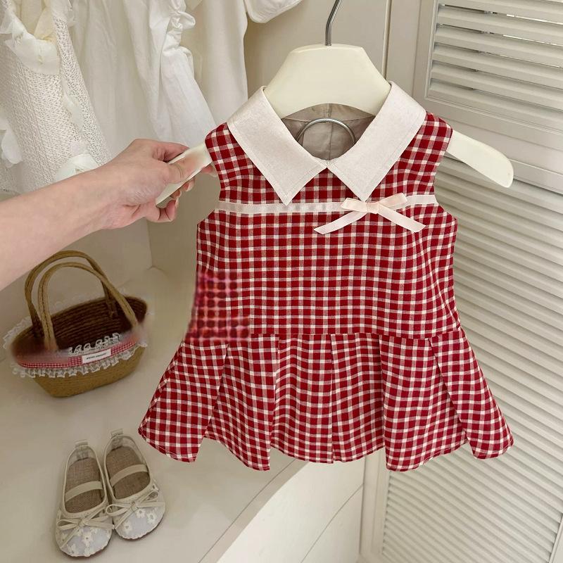Girls Summer Plaid Vest Dress With Collar And Bow Baby Sleeveless Sundress Cute Children Casual Outfit For Kids