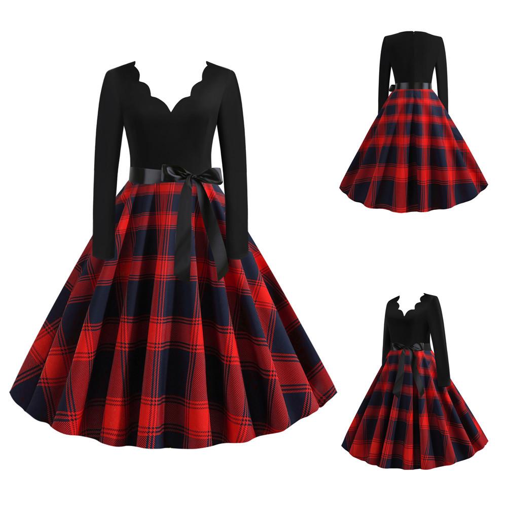 Women's Vintage Midi Dress Long Sleeve Printed Fit and Flare A Line Party Dress