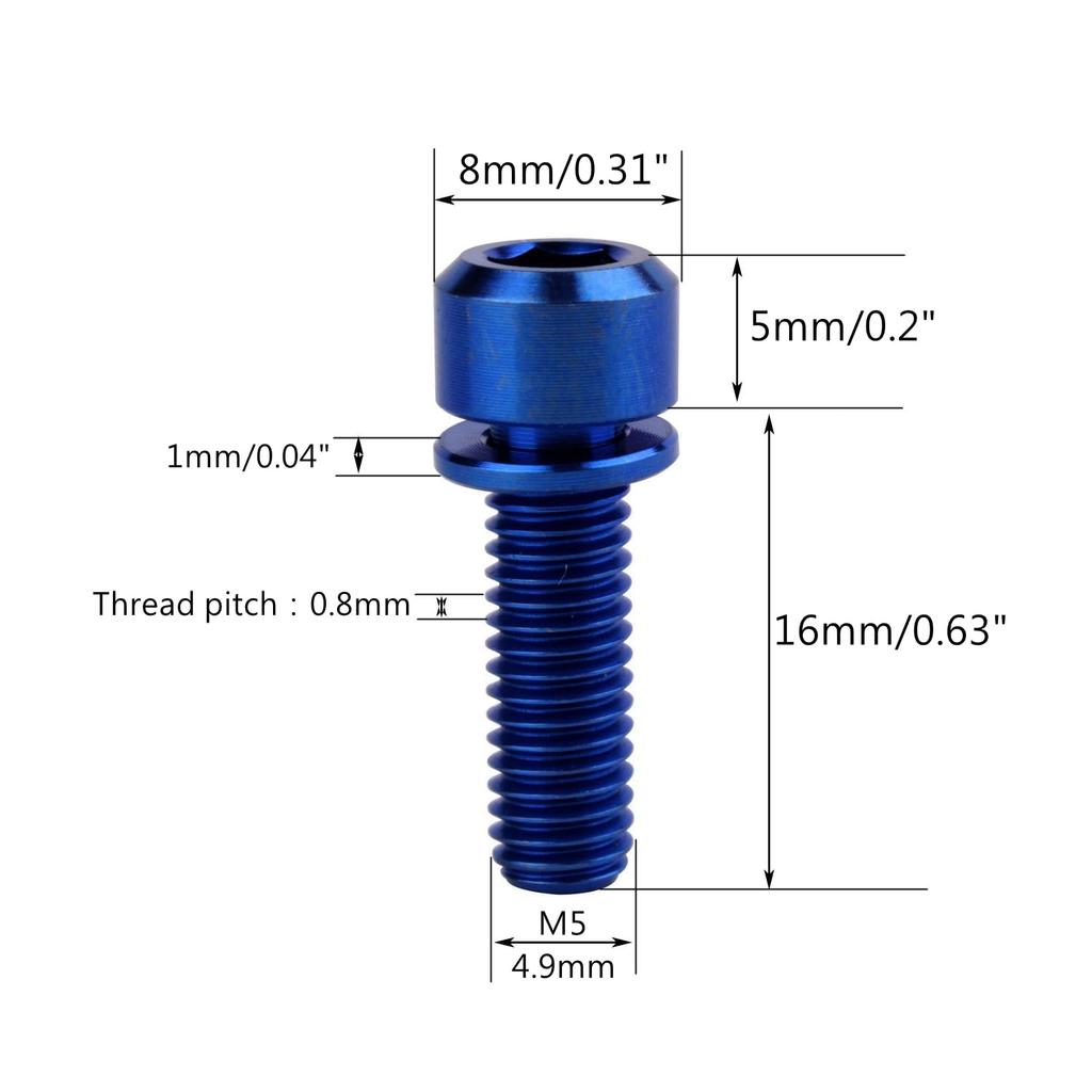 Titanium Bolt Hex Screw M5x16 18 20mm Stigma Chamfer Head Bolt with Washer for Bicycle Stem Parts Pack of 6 (Blue, M5x16mm)