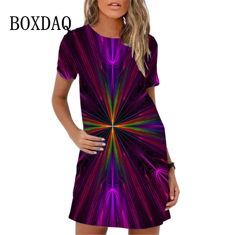 Colorful Feather Pattern Women Dress New Spring Summer Clothing Fashion Elegant Short Sleeve O-Neck Gradient Print Dresses