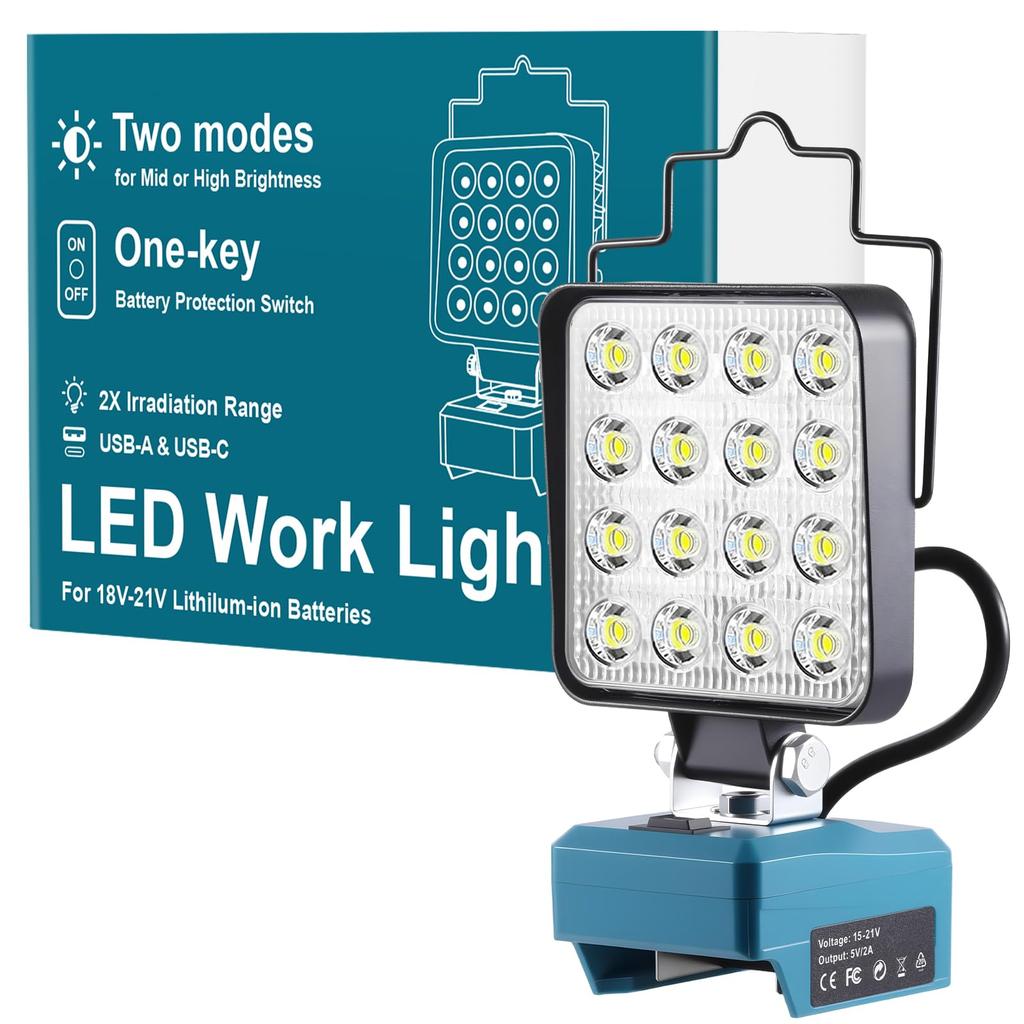 Tumemut LED Floodlight, 58W, 5800LM, 16 Ultra-Bright Beads, Rechargeable Work Light, IP65 Waterproof and Dustproof, Power Outage & Low Voltage