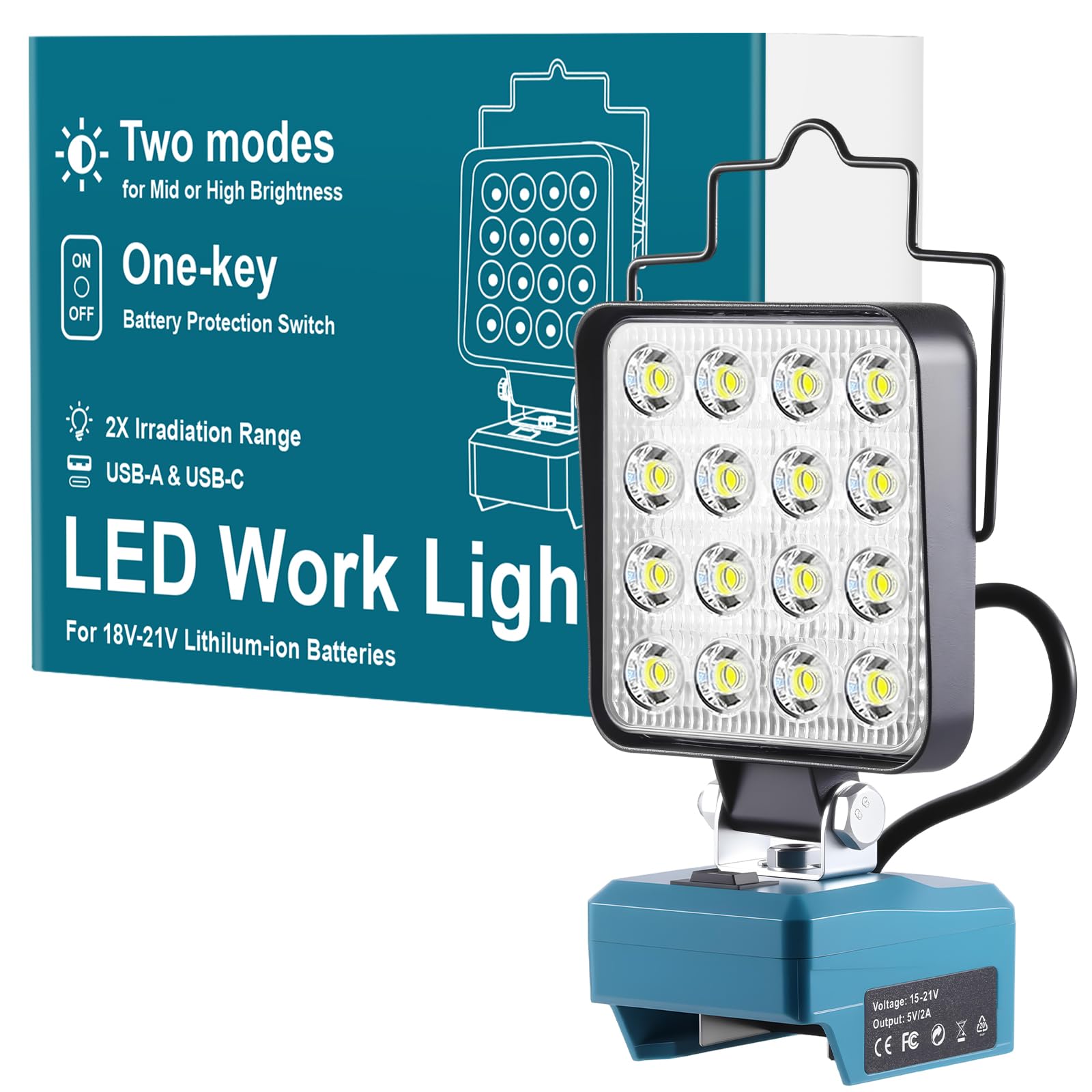 

Tumemut LED Floodlight, 58W, 5800LM, 16 Ultra-Bright Beads, Rechargeable Work Light, IP65 Waterproof and Dustproof, Power Outage & Low Voltage