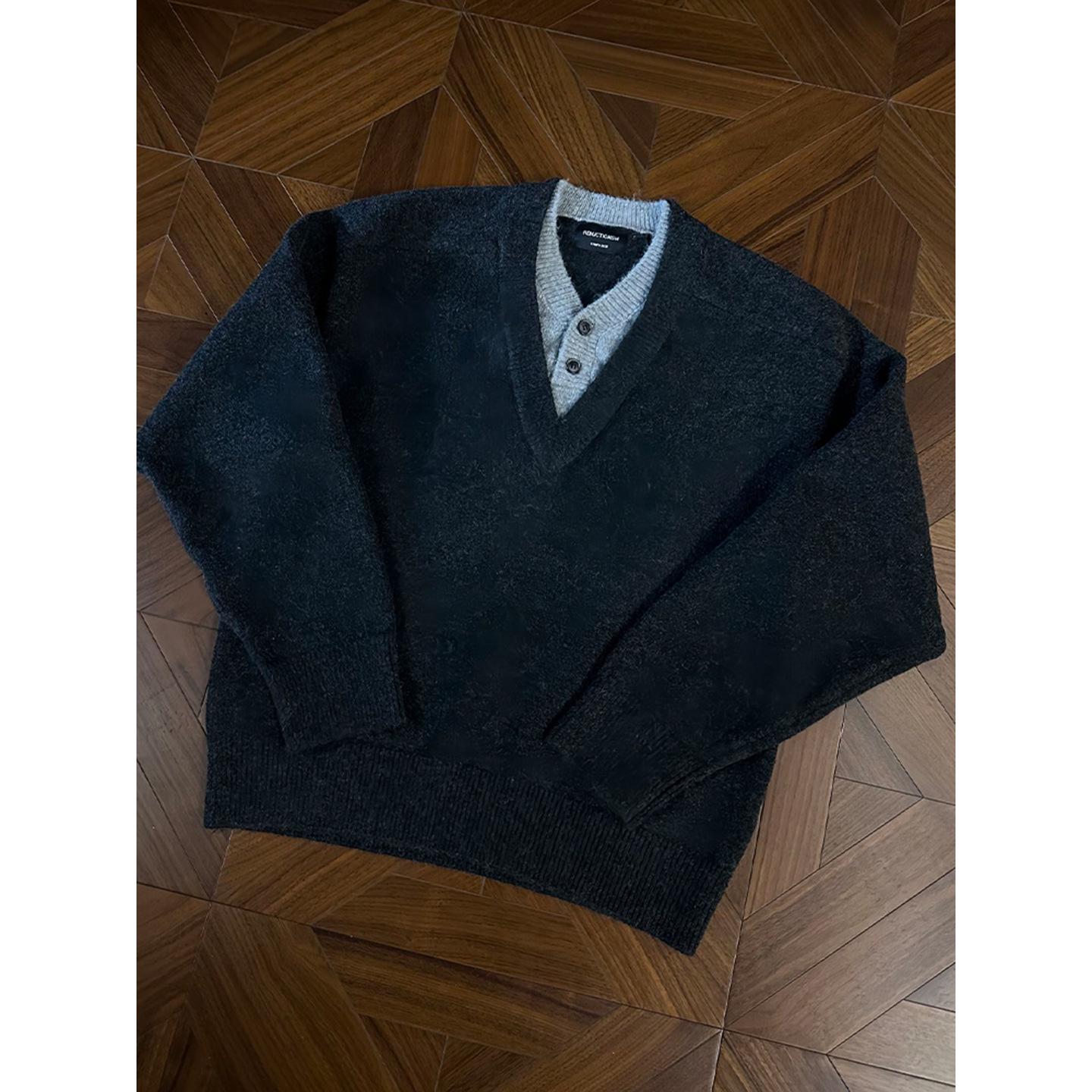 Men s V-Neck Two-Piece Look Sweater - Autumn/Winter Vintage Casual Knitwear M